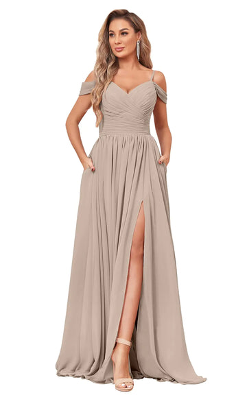 SOLODISH Taupe Bridesmaid Dresses for Wedding Plus Size Long Off The Shoulder Chiffon Evening Formal Party Dresses US26W