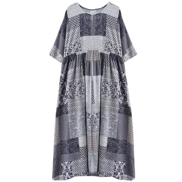 Plus Size Loose Cotton Linen Plaid Short-sleeve Dress