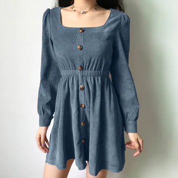 Retro Corduroy A-Line Dress with Square Neckline
