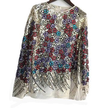 Lace Beaded Sequined Long-Sleeved Floral Shirt