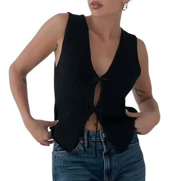Women Tie Front Vest Top Crochet Vest Y2k Sleeveless V Neck Knit Open Front Top Going Out Top Streetwear Black S
