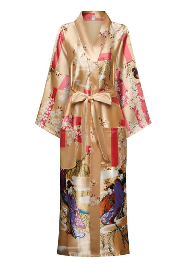 DandyChic Womens Long Floral Satin Robes Imitation Silk Sleepwear Bridal Dressing Gown for Bridesmaid Nightgown Sakura Champagne L
