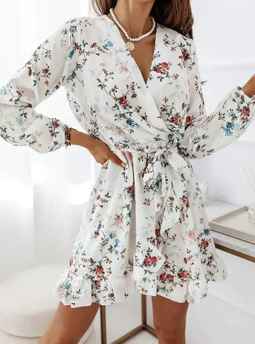 Irregular Ruffle Print Long-sleeve Dress