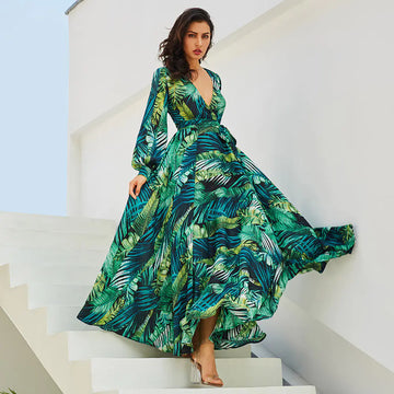 V-Neck Green Leaf Print Lantern Sleeve Dress