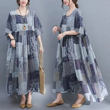 Plus Size Loose Cotton Linen Plaid Short-Sleeve Dress