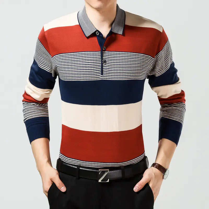 Men's Striped Business Polo Shirt for Autumn Wear