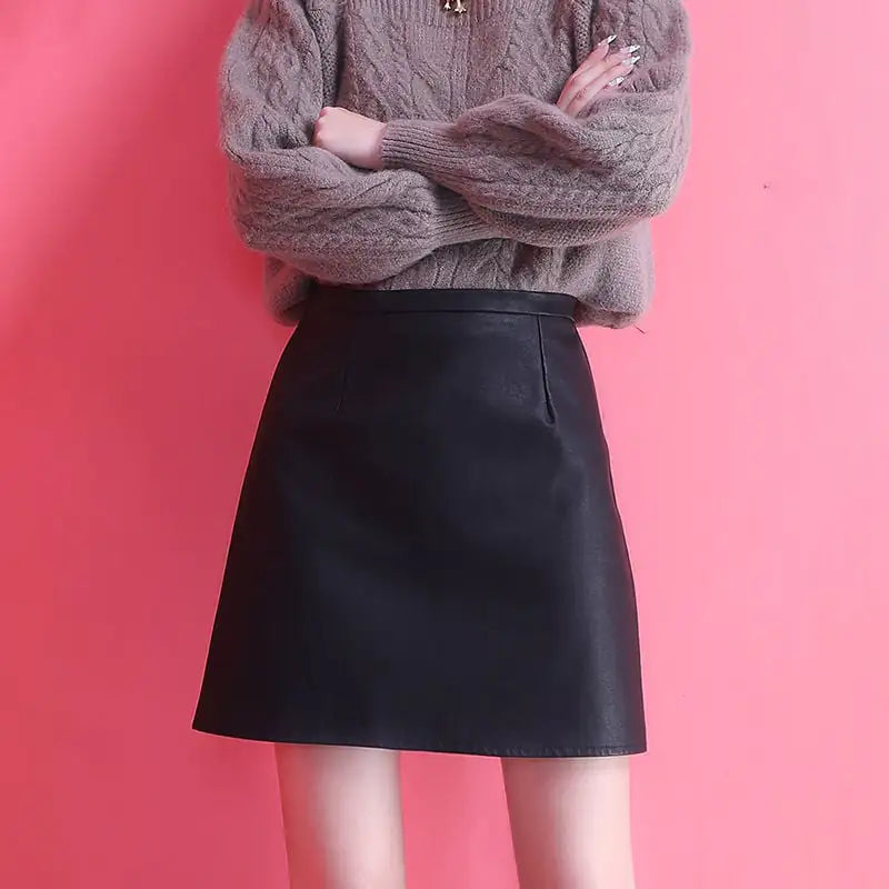High Waist Black Leather Skirt for Women (Winter Style)