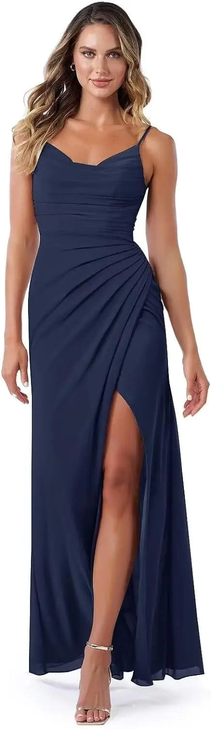Noras dress Womens Navy Blue Bridesmaid Dresses Long Spaghetti Strap A Line Plus Size Chiffon Formal Evening Dresses for Wedding Guest 14