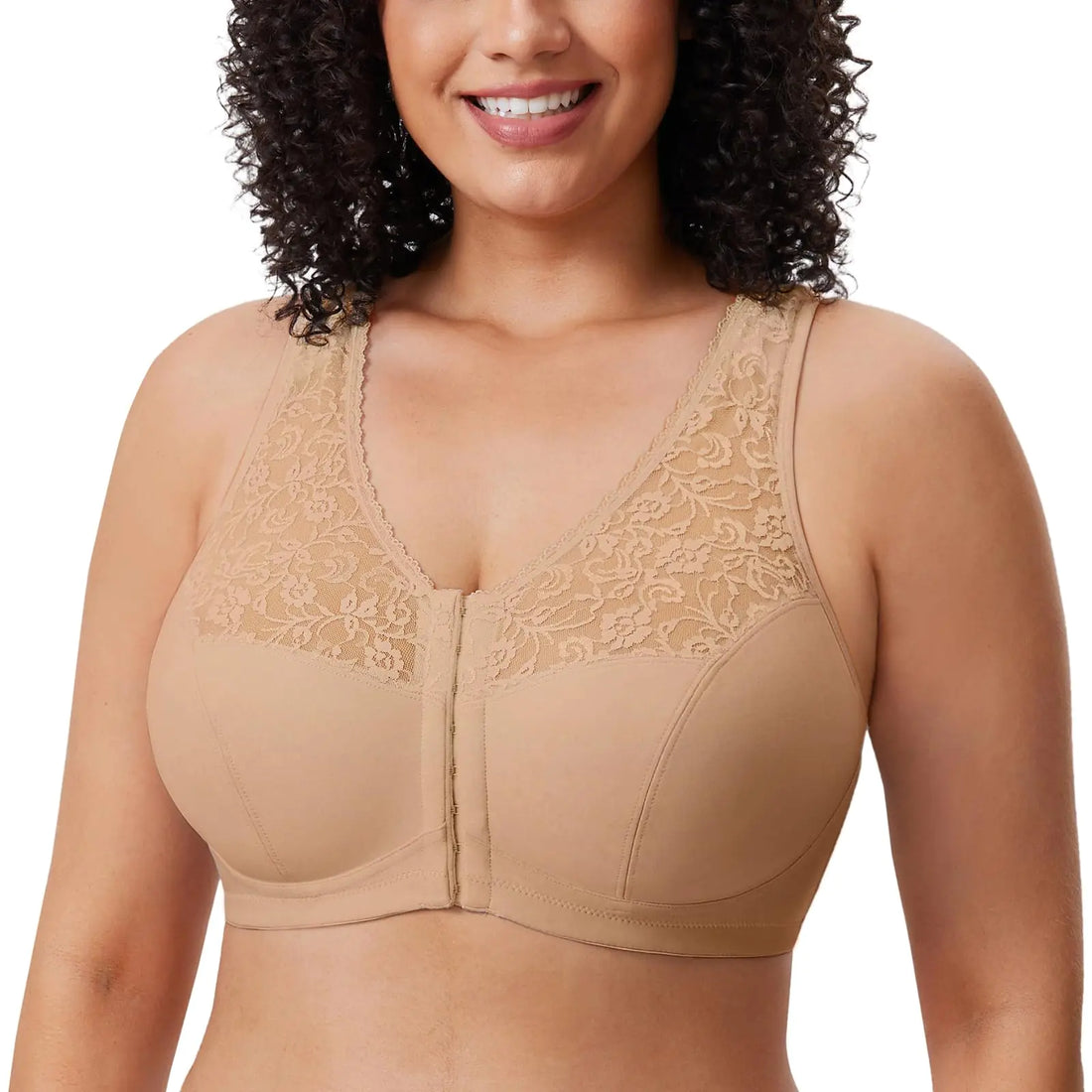 DELIMIRA Womens Front Closure Bras Racerback No Underwire Plus Size Full Coverage Lace Cotton Bra Taupe Tan 38F