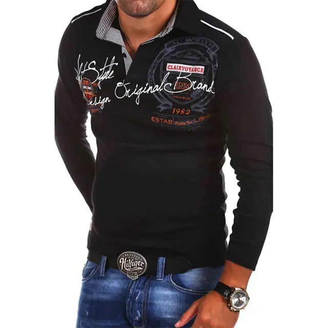 Men's Long Sleeve Polo Shirt with Printed Lapel Design
