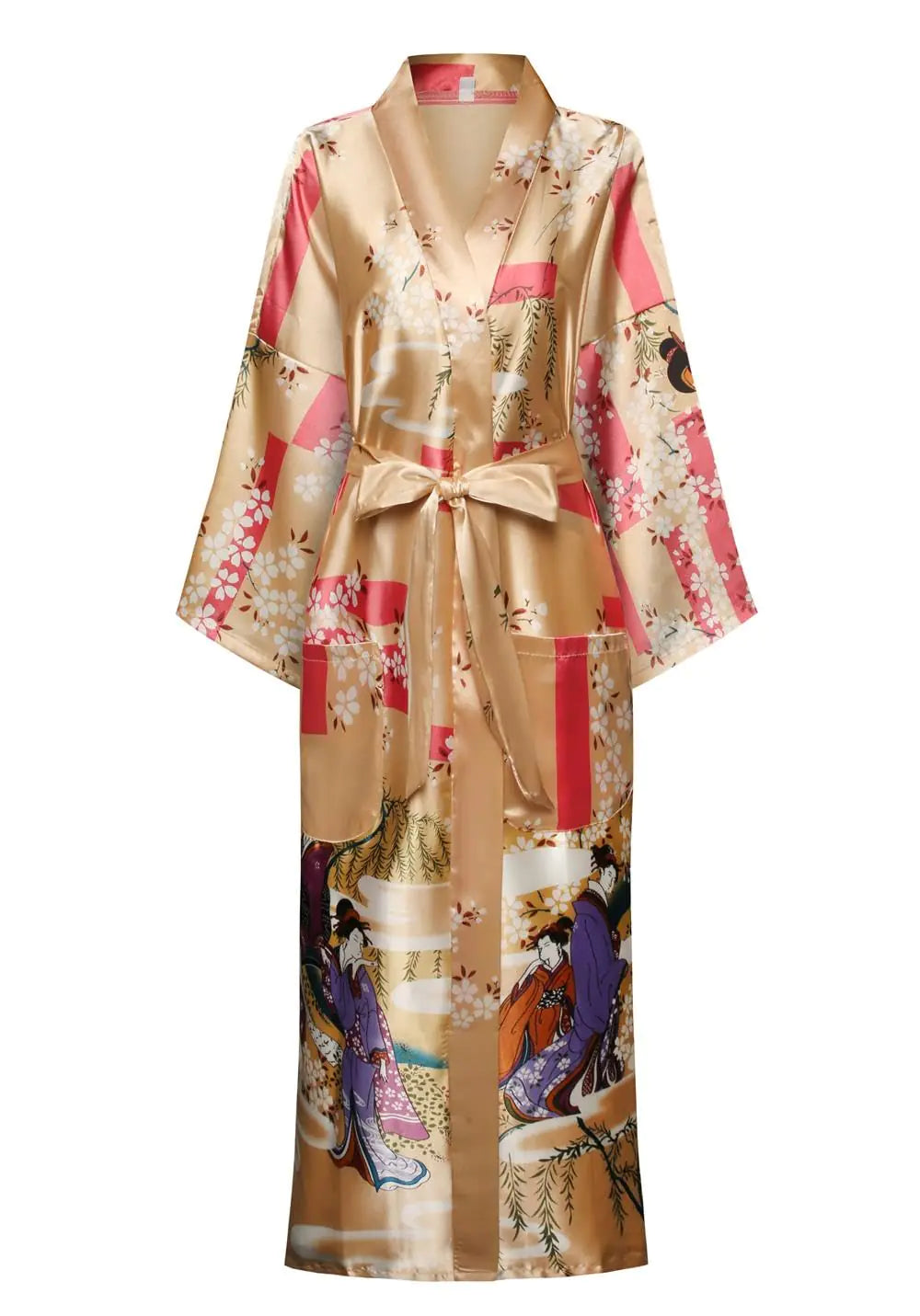 DandyChic Womens Long Floral Satin Robes Imitation Silk Sleepwear Bridal Dressing Gown for Bridesmaid Nightgown Sakura Champagne L