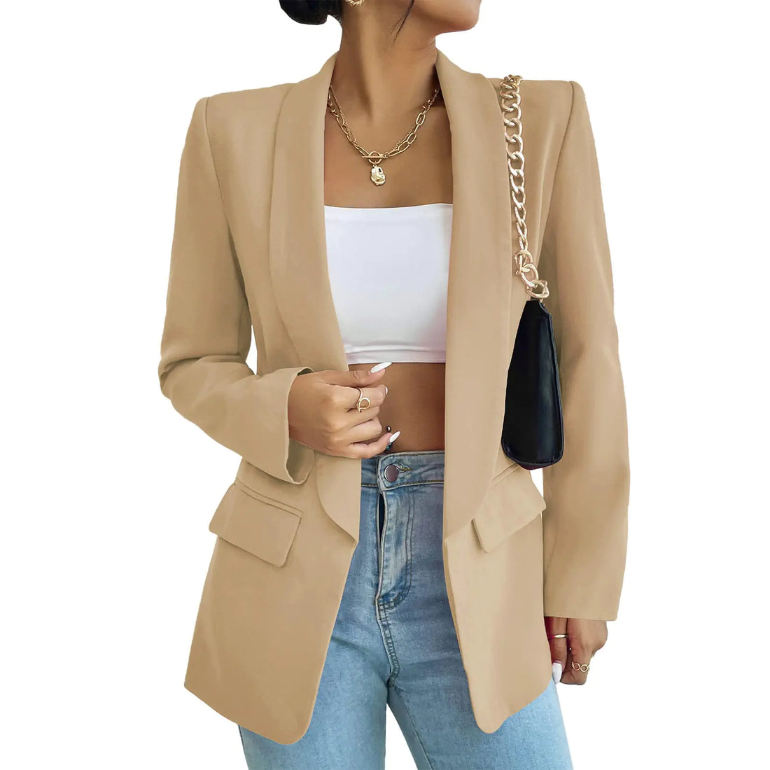 Womens Casual Blazers Long Sleeve Fashion Suit Jacket Open Front Lapel Collar Cardigan Khaki XL