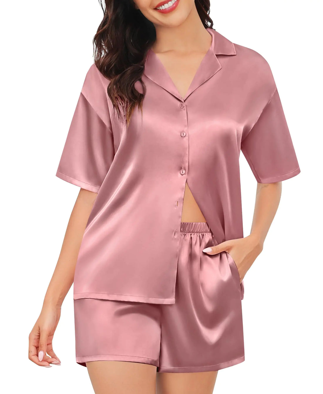 SWOMOG Womens Silk Satin Pajamas Set Short Sleeve Sleepwear Button Down Top and Shorts Loungewear Bride Soft 2 Piece Pjs S-XXL Misty Rose