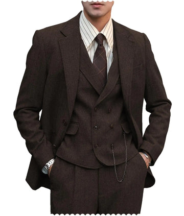 Mens Formal Tweed Wool 3 Piece Wedding Slim Fit Suit Prom Tuxedos Groomsmen（Coffee，L）