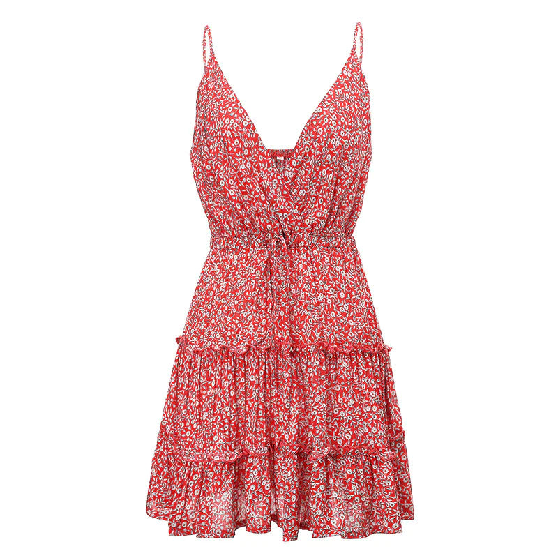 Summer Floral A-Line Dress with Deep V Neckline