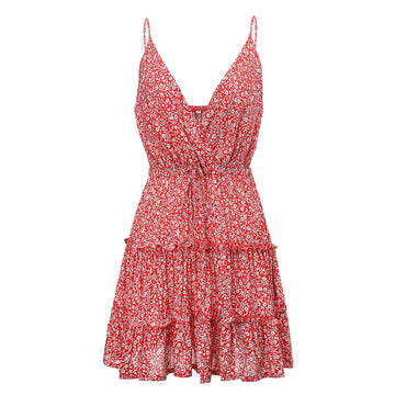 Summer Floral A-Line Dress with Deep V Neckline