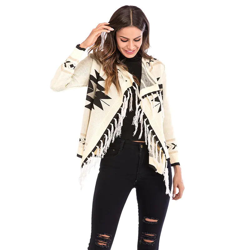 Geometric Fringe Shawl Cardigan for Women (Fall/Winter)