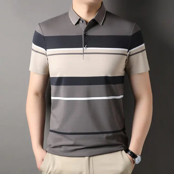 Men's Summer Striped Polo Shirt - Loose Fit Cotton