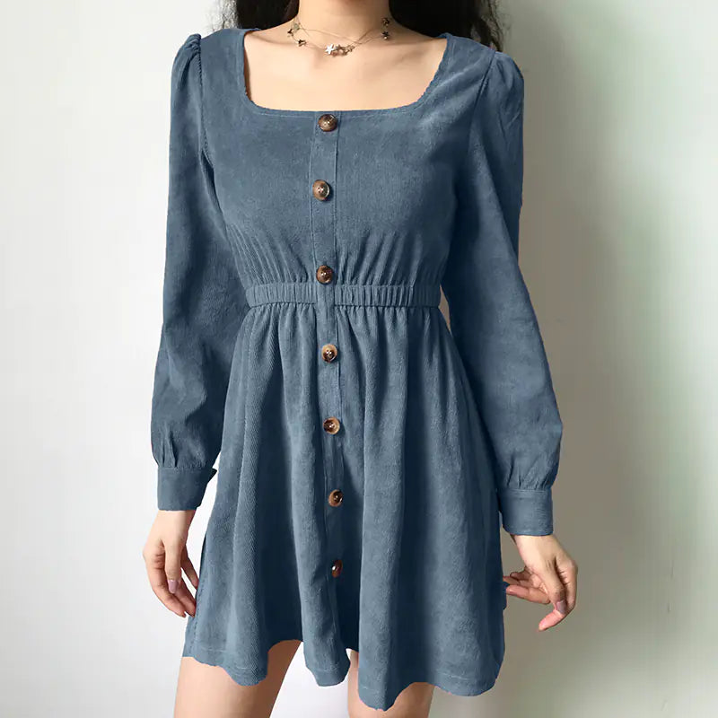 Retro Corduroy A-Line Dress with Square Neckline