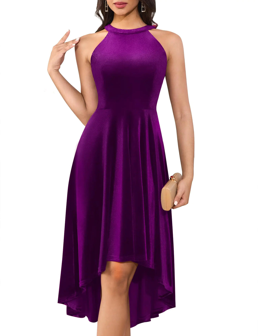 Dressystar Womens Halter Cocktail Party Dresses Hi-Lo Velvet Dress for Women Formal Wedding Guest Evening Dress Grape S