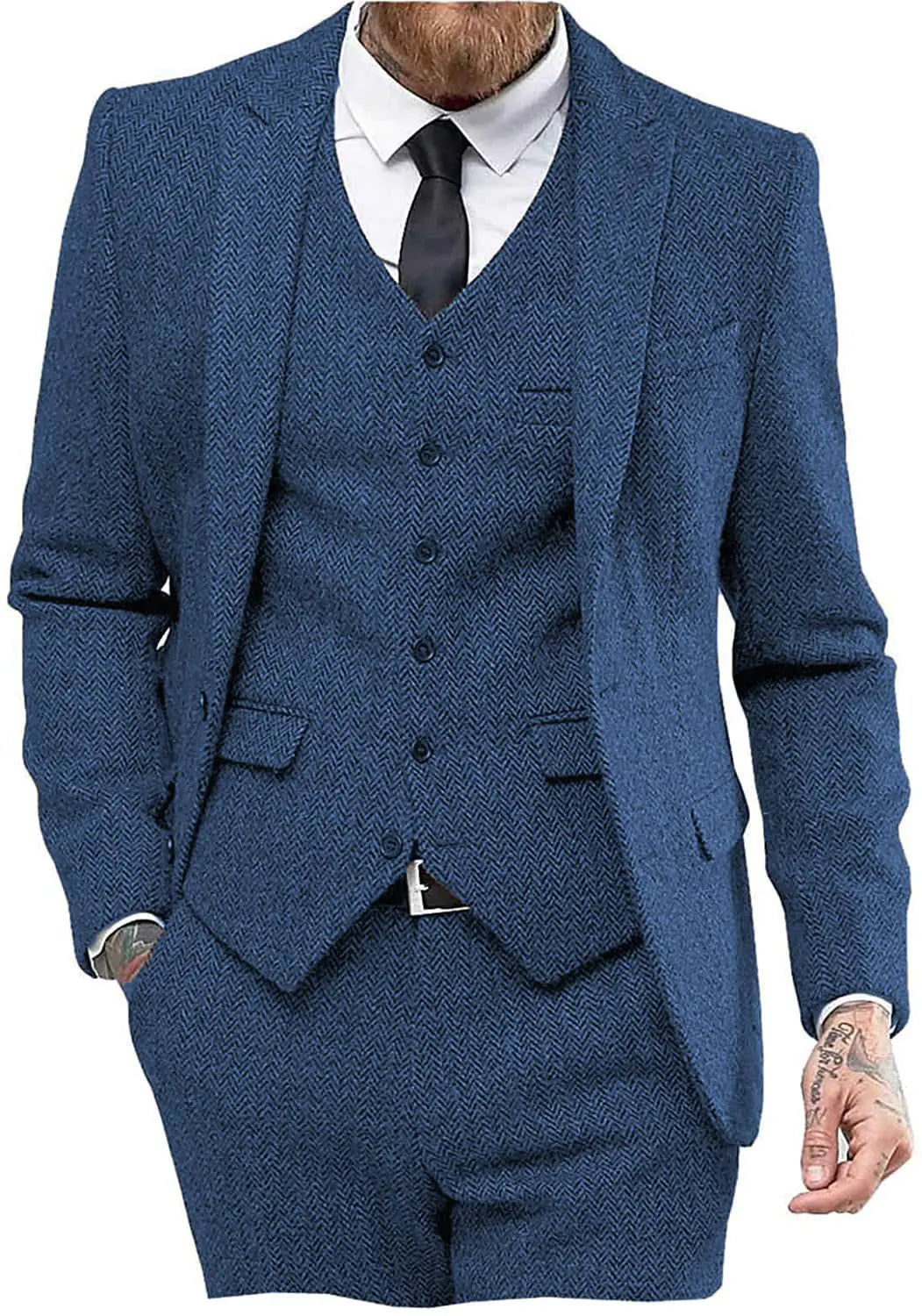 Mens Tweed Herringbone Wedding Suit Prom Tuxedos 3 Piece Peak Lapel Dress(Blue34)
