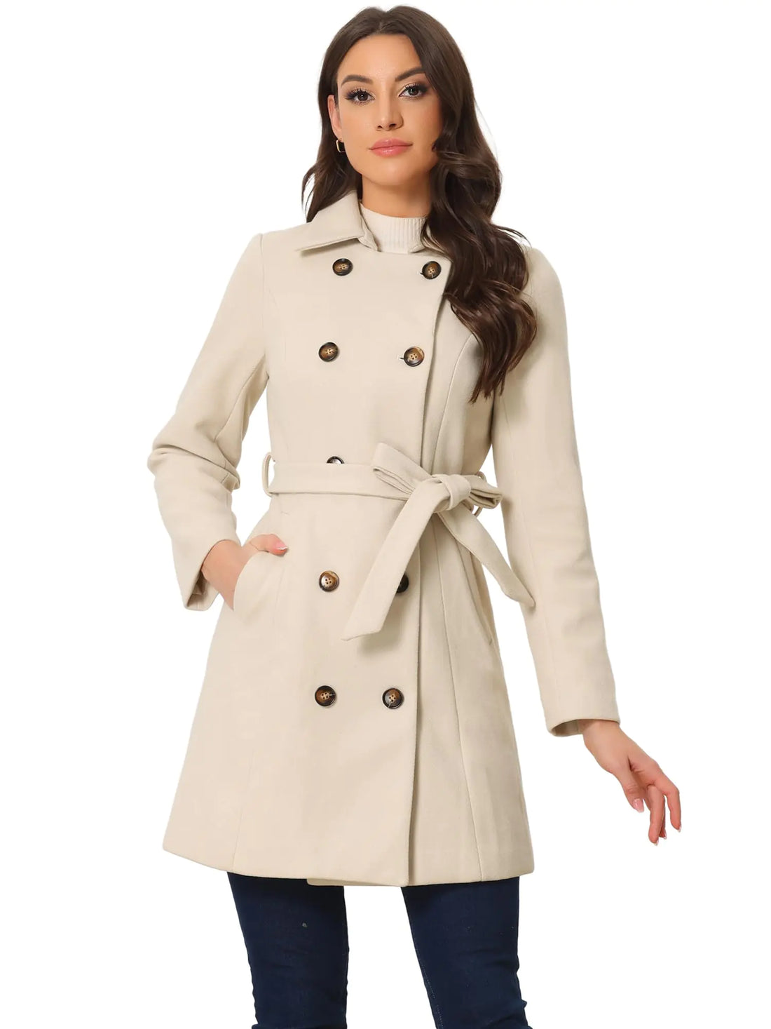 Allegra K Winter Pea Coat for Womens Lapel Belted Outwear Double Breasted Mid Long Overcoat Large Cream White