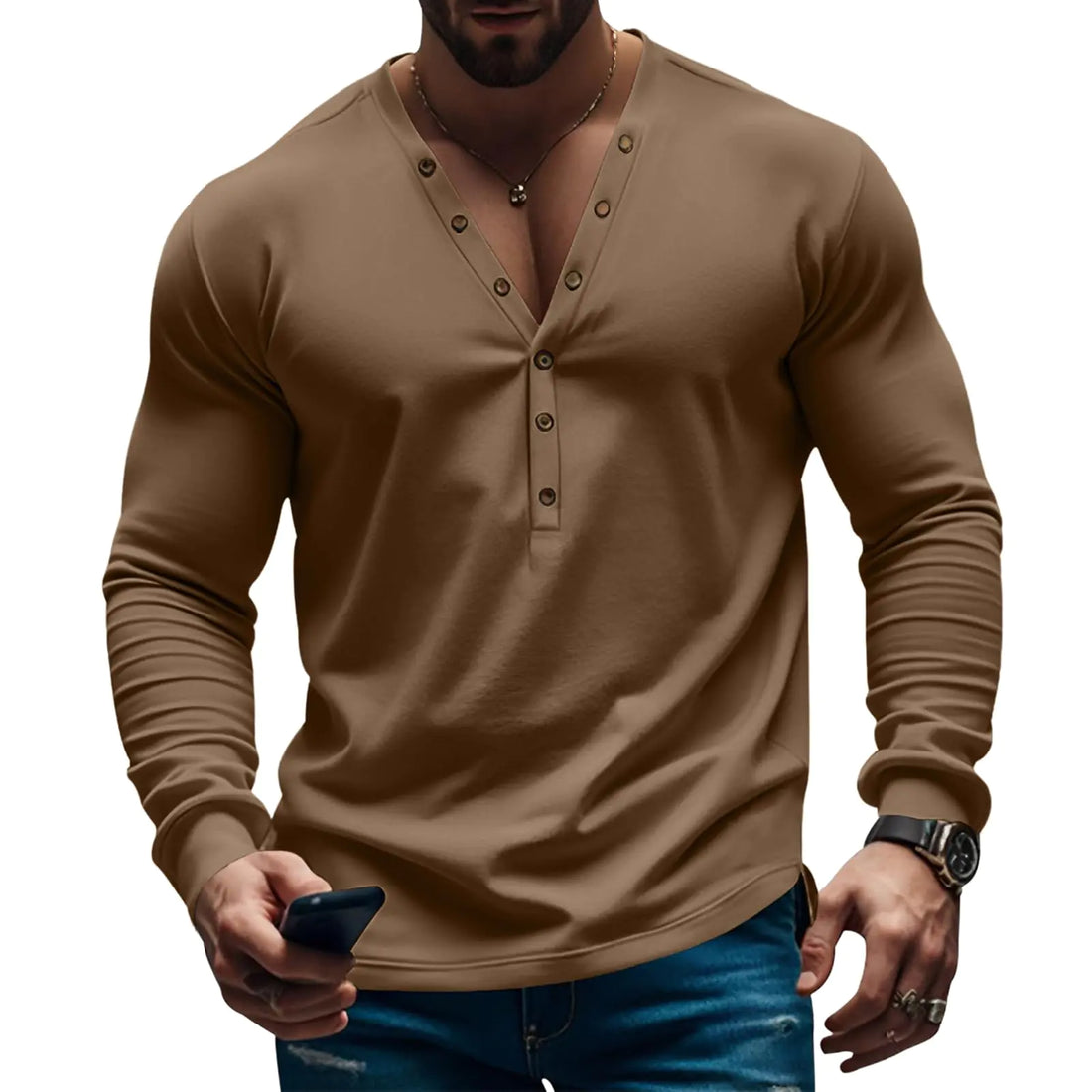 Long Sleeve Shirts for Men Button Down Henley Lightweight Classic V Neck Collared Polo Shirt Deep Khaki