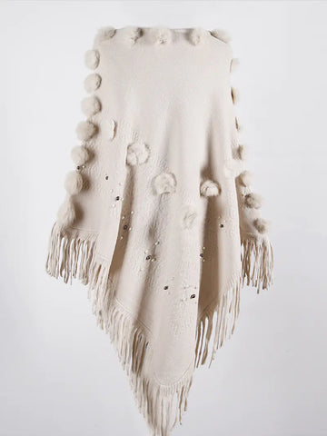 Fringe Shawl Sweater for Women with Beaded Neckline