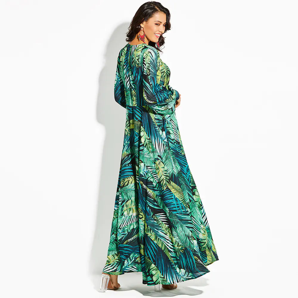 V-Neck Green Leaf Print Lantern Sleeve Dress