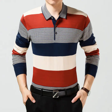 Men's Striped Business Polo Shirt for Autumn Wear