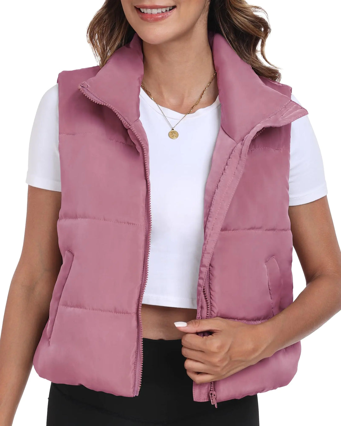 Memorose Puffer Vest for Women Winter Outwear Jacket Cropped Sleeveless Lightweight Fashion Fall Coat with Pockets DarkPink XL