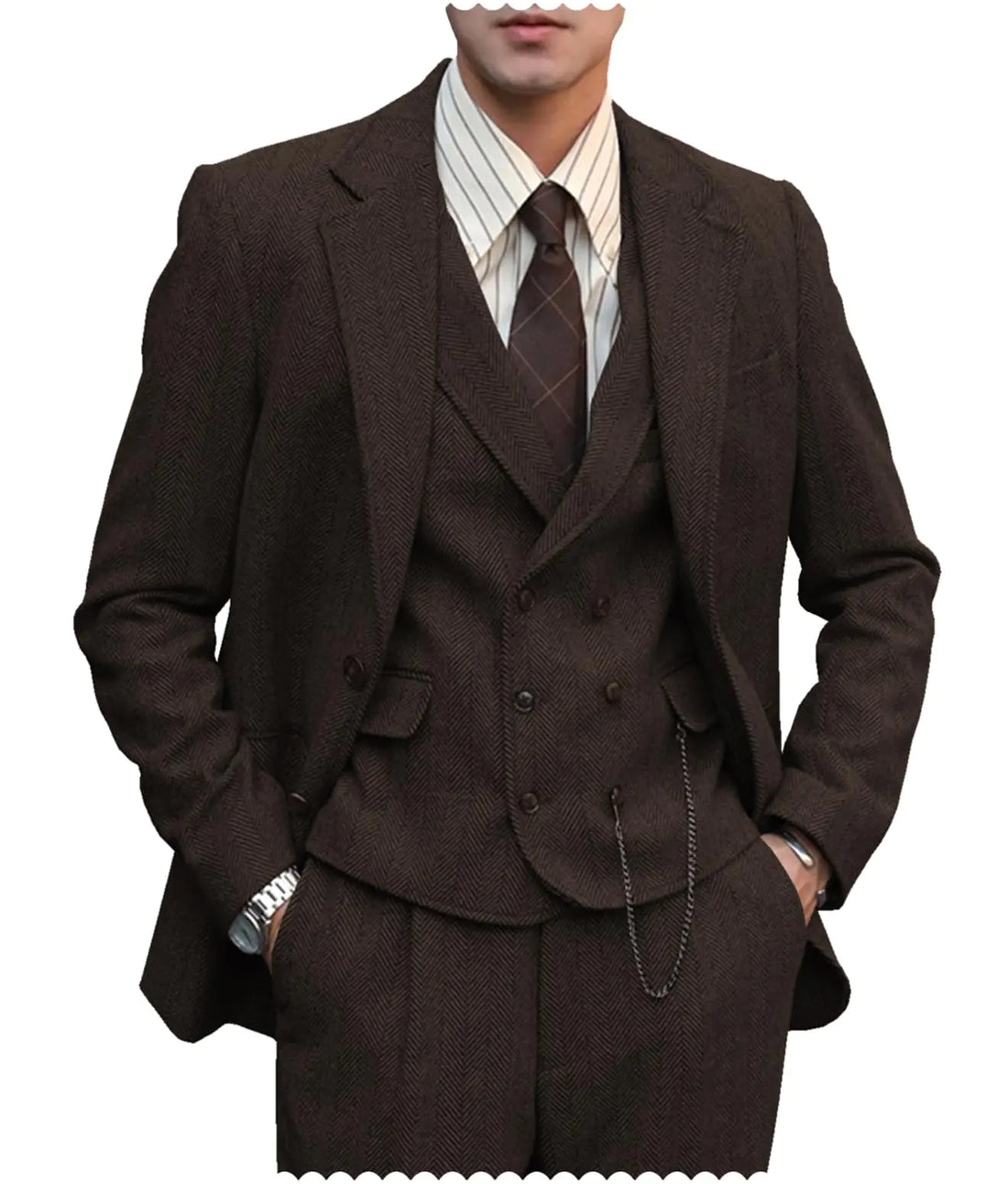 Mens Formal Tweed Wool 3 Piece Wedding Slim Fit Suit Prom Tuxedos Groomsmen（Coffee，L）