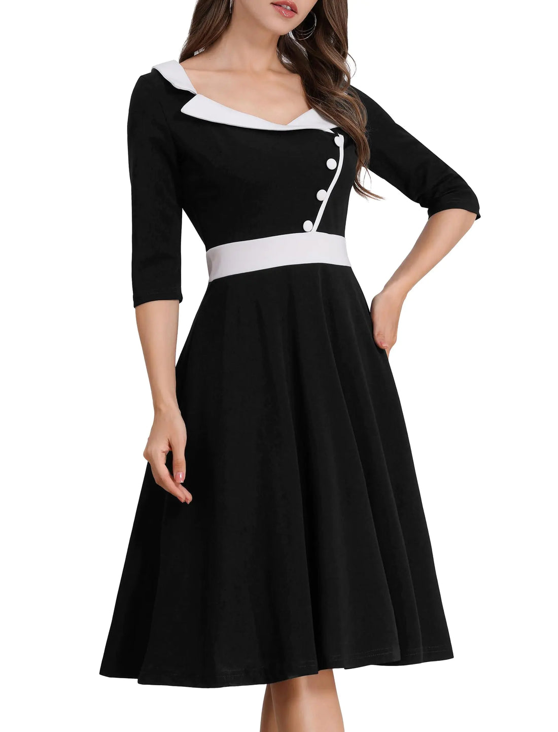 ODIZLI 1950s Dresses for Women Retro Dress 3/4 Sleeve Sweetheart Neckline Swing Midi Dress Cocktail Dress 50s Style Dresses for Women 1950s Church Dresses for Women 1940s Dress Black L