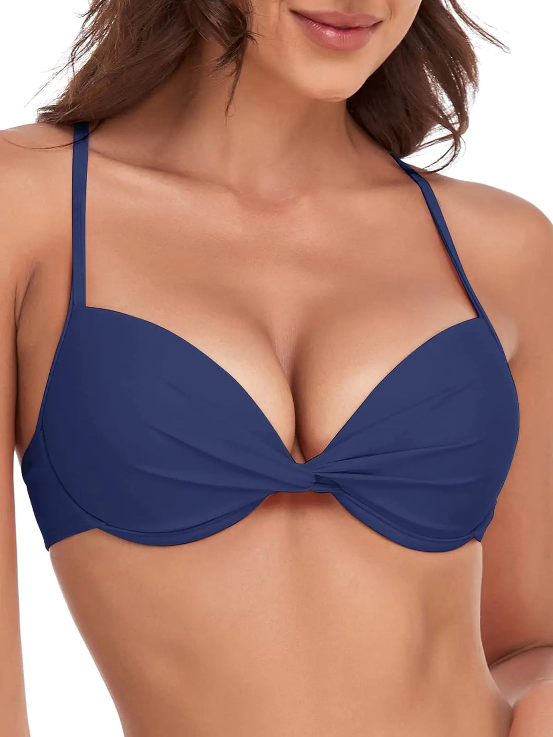 Colloyes Womens Push Up Bikini Top Twist Front Underwire Molded Soft Pads Vintage Bikini Swimsuits Tops Navy Blue Size Medium