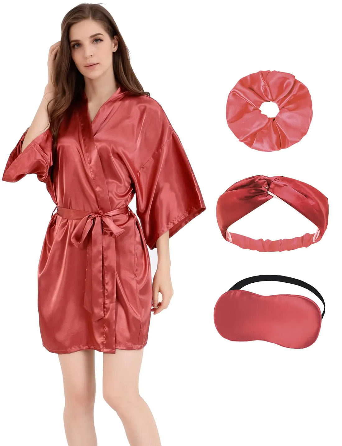 MORFORU Women Bride Bridesmaid Silky Satin Kimono Robe Solid Color Sleepwear for Wedding Party Getting Ready Short (Brick Tag 2XL/3XL)