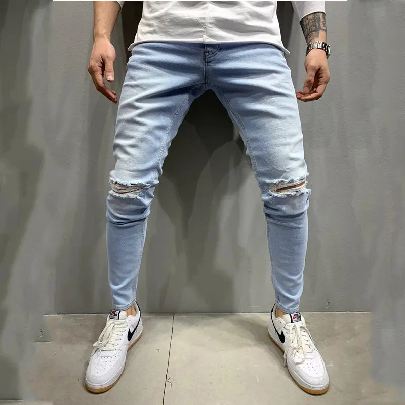 Light Blue Ripped Slim Fit Fashion Jeans