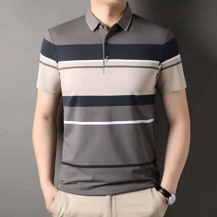 Men's Summer Striped Polo Shirt - Loose Fit Cotton