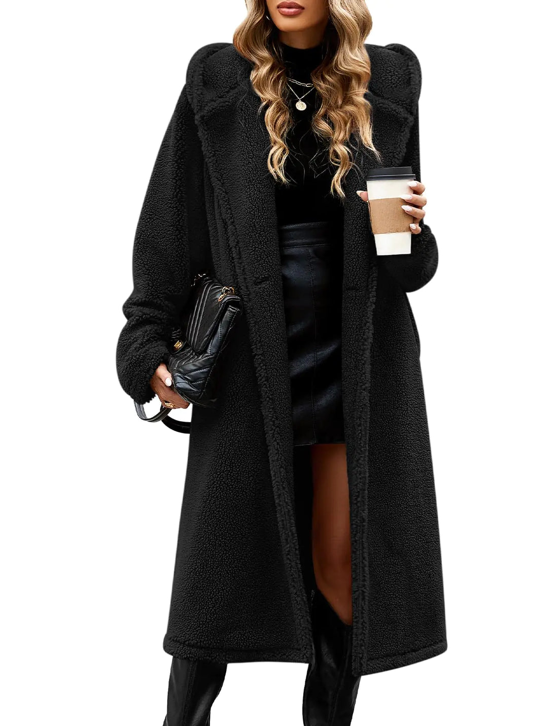 HEEKPEK Women Winter Fuzzy Fleece Lapel Coats Long Cardigan Fluffy Hooded Jackets Faux Fur Warm Overcoats with Pockets Button