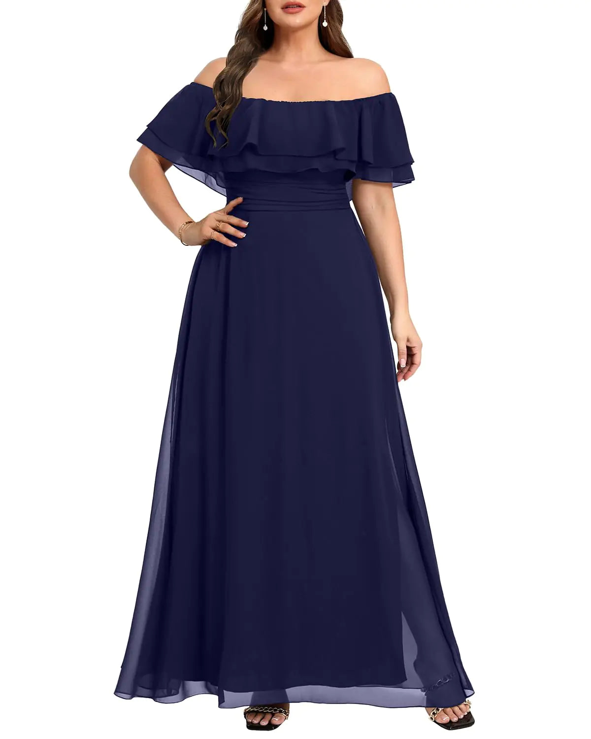 Plus Size Formal Dresses Women Navy Blue Wedding Guest Maxi Long Bridesmaid Evening Off The Shoulder Chiffon Flowy Dress