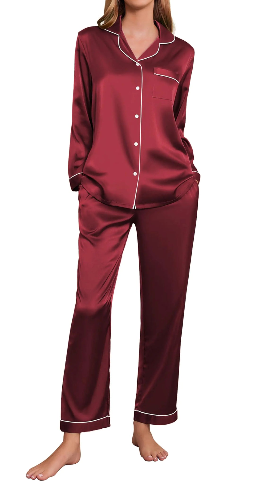 Ekouaer Silk Satin Pajamas Womens Long Sleeve Pj Set Soft Button Down 2 Piece Sleepwear Loungewear (WineXL)