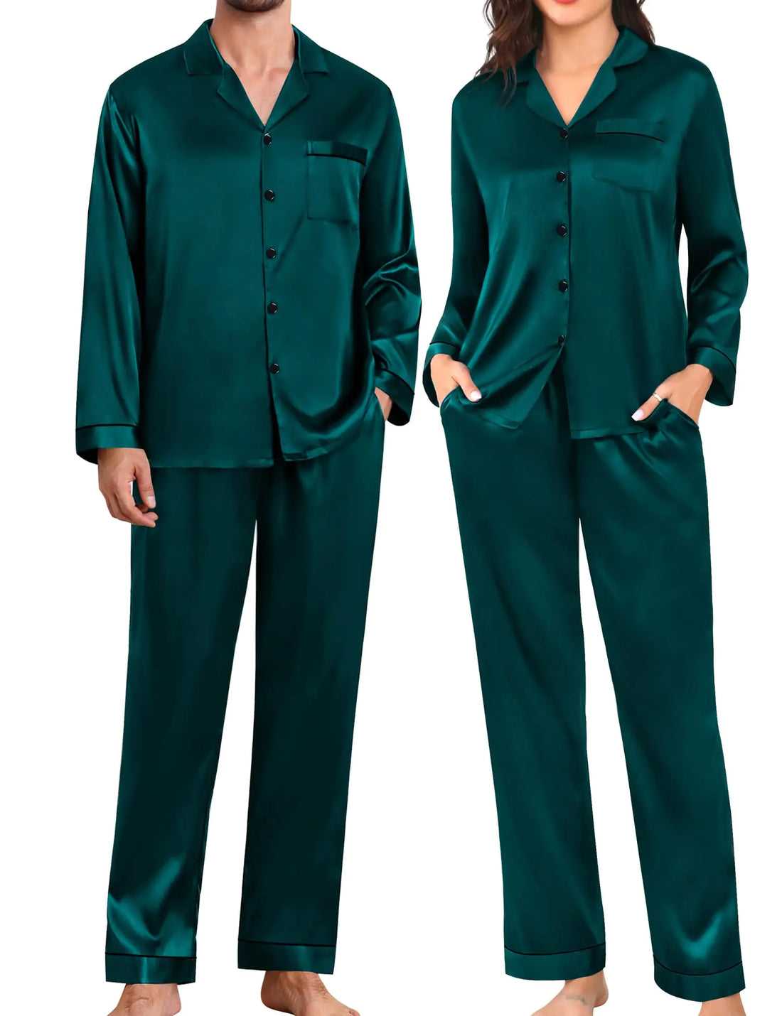 SWOMOG Women & Mens Pajamas Matching Pajamas Set Silk Satin Pj Set Long Sleeve Button Down Sleepwear 2 Pcs Loungewear Dark Red Small