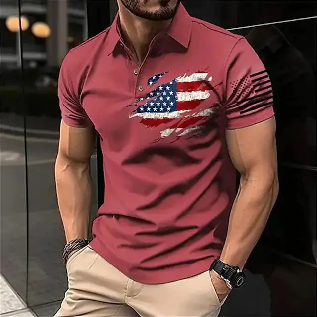 Men's Spring 3D Printed Polo Shirt with Buttons