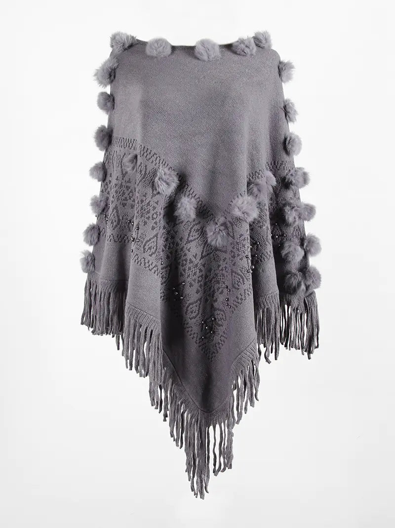 Fringe Shawl Sweater for Women with Beaded Neckline