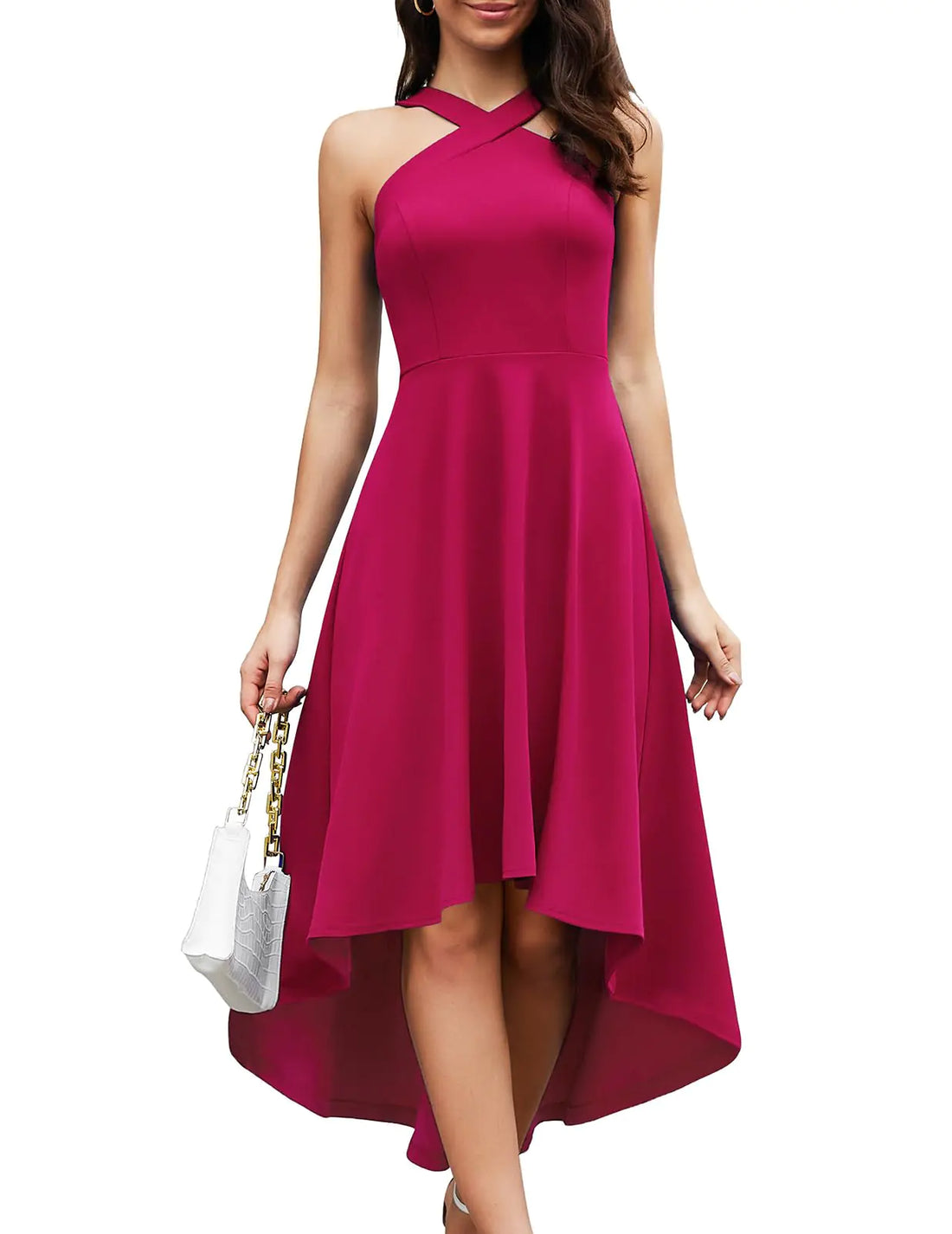 DRESSTELLS Holiday Party Dresses for Woman 2024 Halter Cocktail Hi Low Prom Dress Vintage Flowy Wedding Evening Formal Dresses Fuschia L