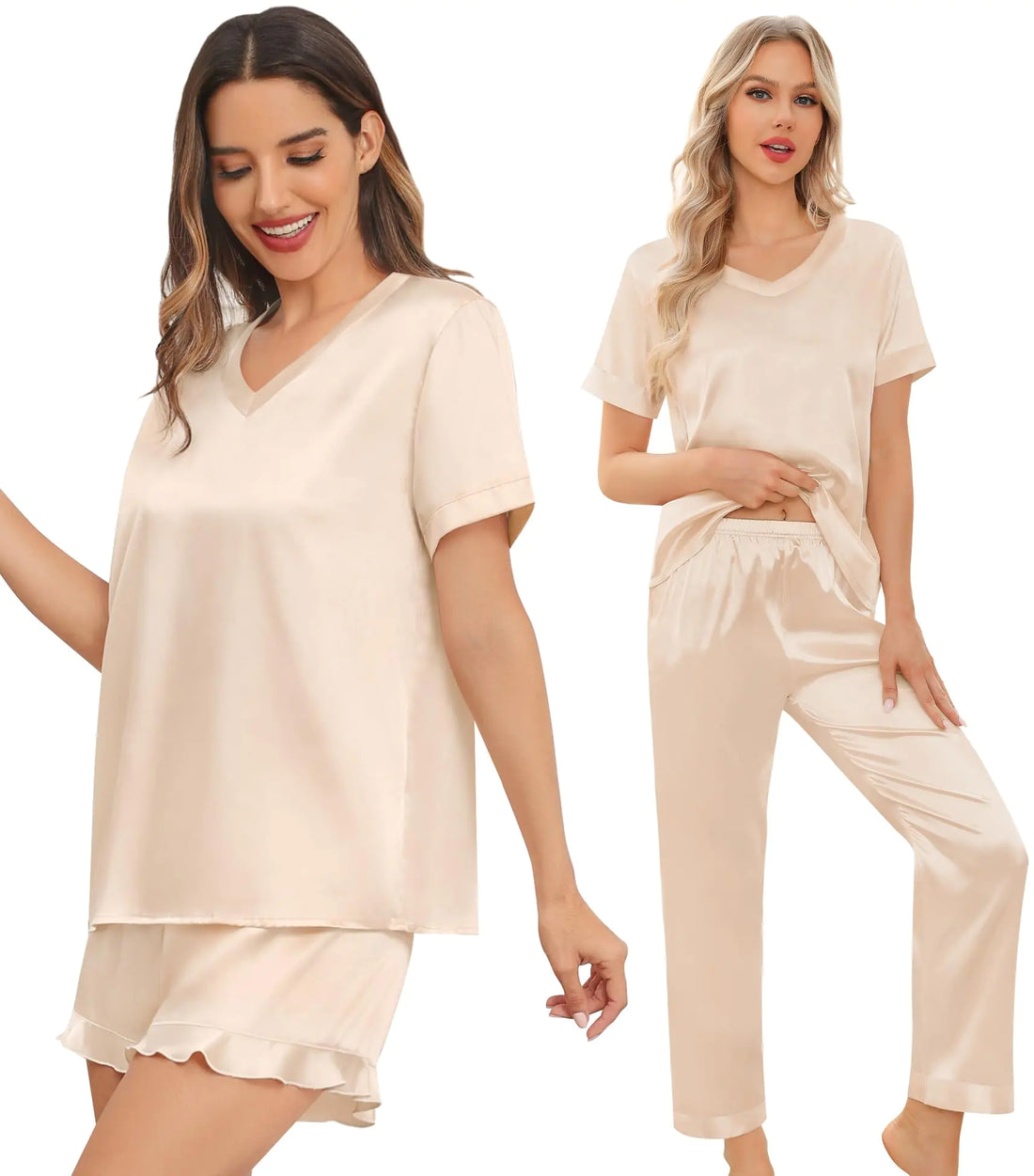 Womens 3pcs Pajamas Set Silk Satin Short Sleeve Sleepwear Ruffle Hem Shorts Soft Loungewear Pjs Nightwear Champagne Small