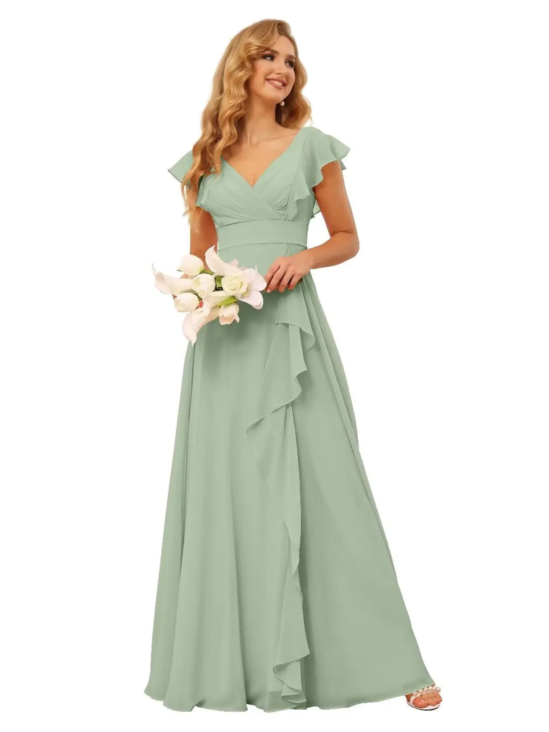 TIRAS Womens Ruffle Sage Green Chiffon Bridesmaid Dresses for Wedding Guest 2024 Split Aline Formal Evening Party Maxi Dress US Size 14