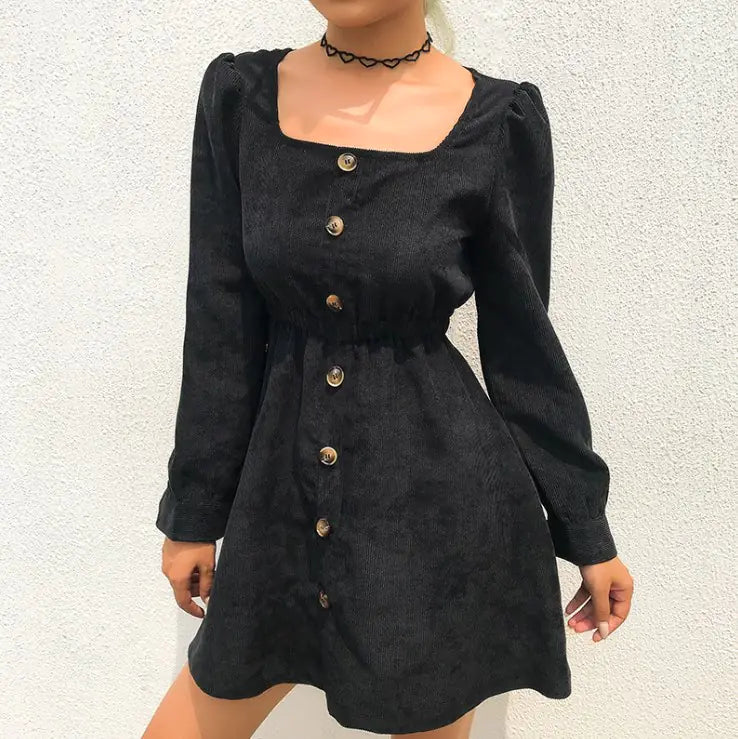Retro Corduroy A-Line Dress with Square Neckline