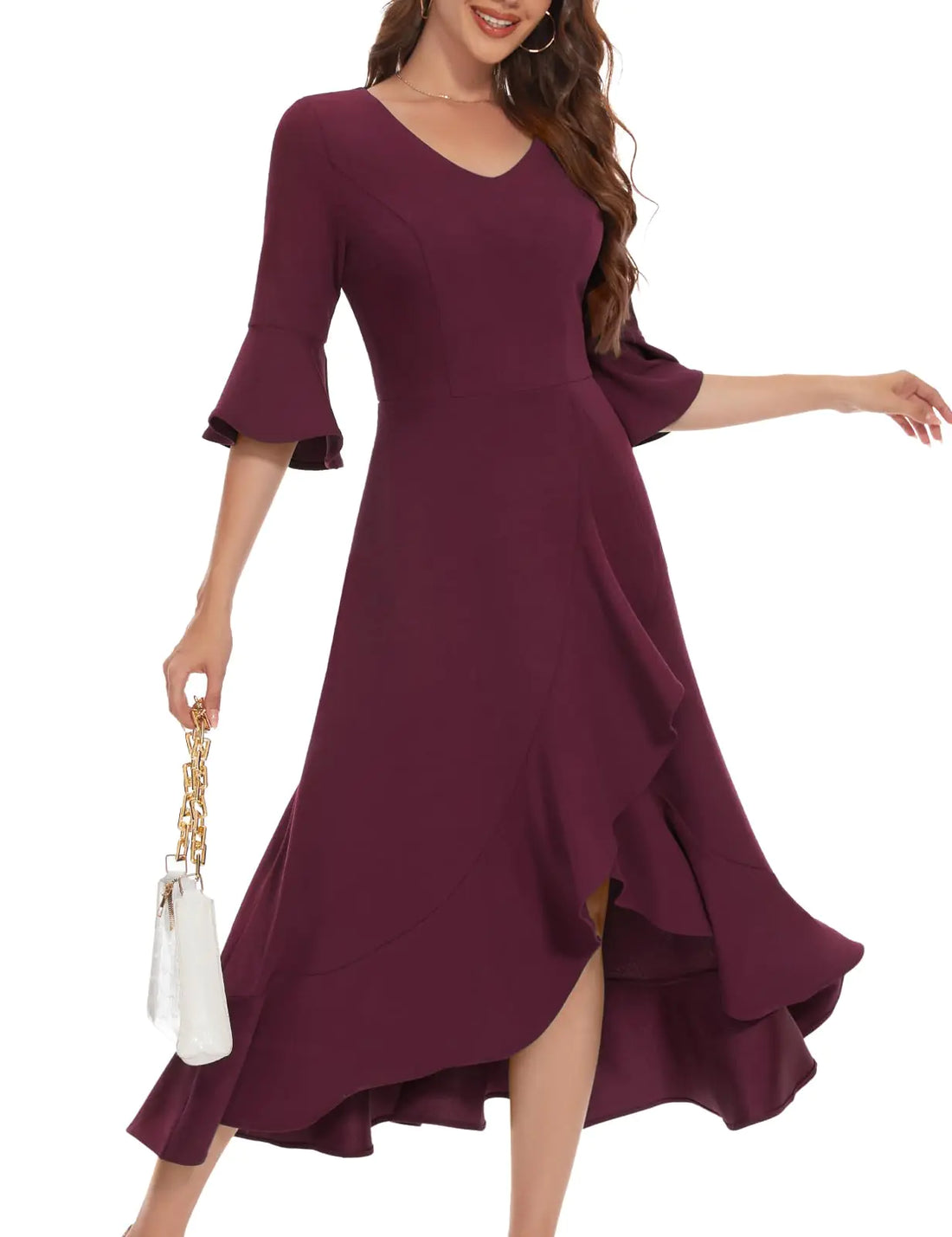 HomRain Dresses for Wedding Guest Bell Sleeve Long Formal Dress with Ruffle Split Hem Vestidos Elegantes De Mujer para Fiesta 2024 Burgundy XL