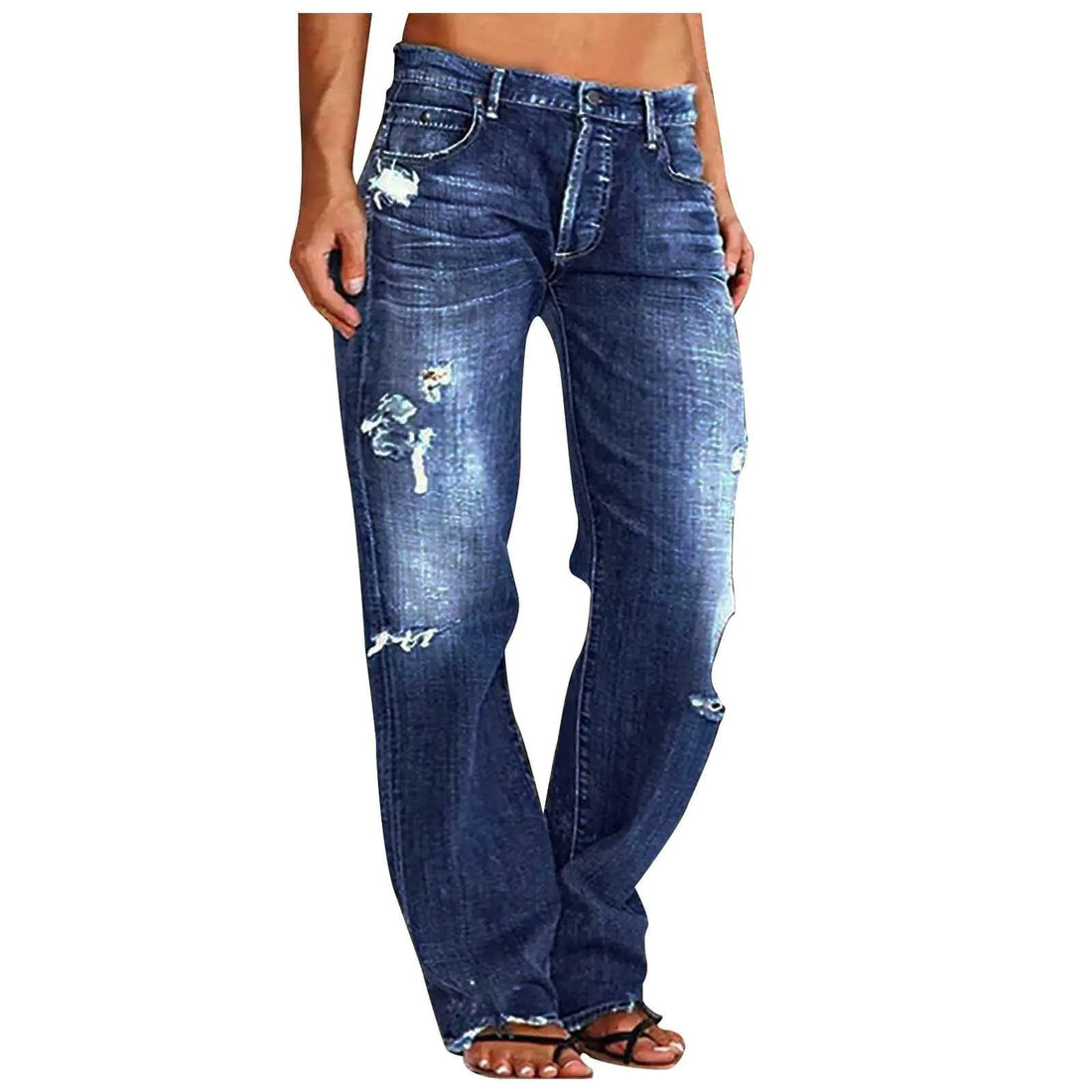 Ripped Jeans Womens Baggy Mid Rise Straight Leg Jeans Wide Leg Denim Pants with Pockets Boyfriend Trouser Jeans 2024 Tummy Control Jeans for Women Loose Stretchy Jeans Cute Slim Fit Jeans Dress Pants