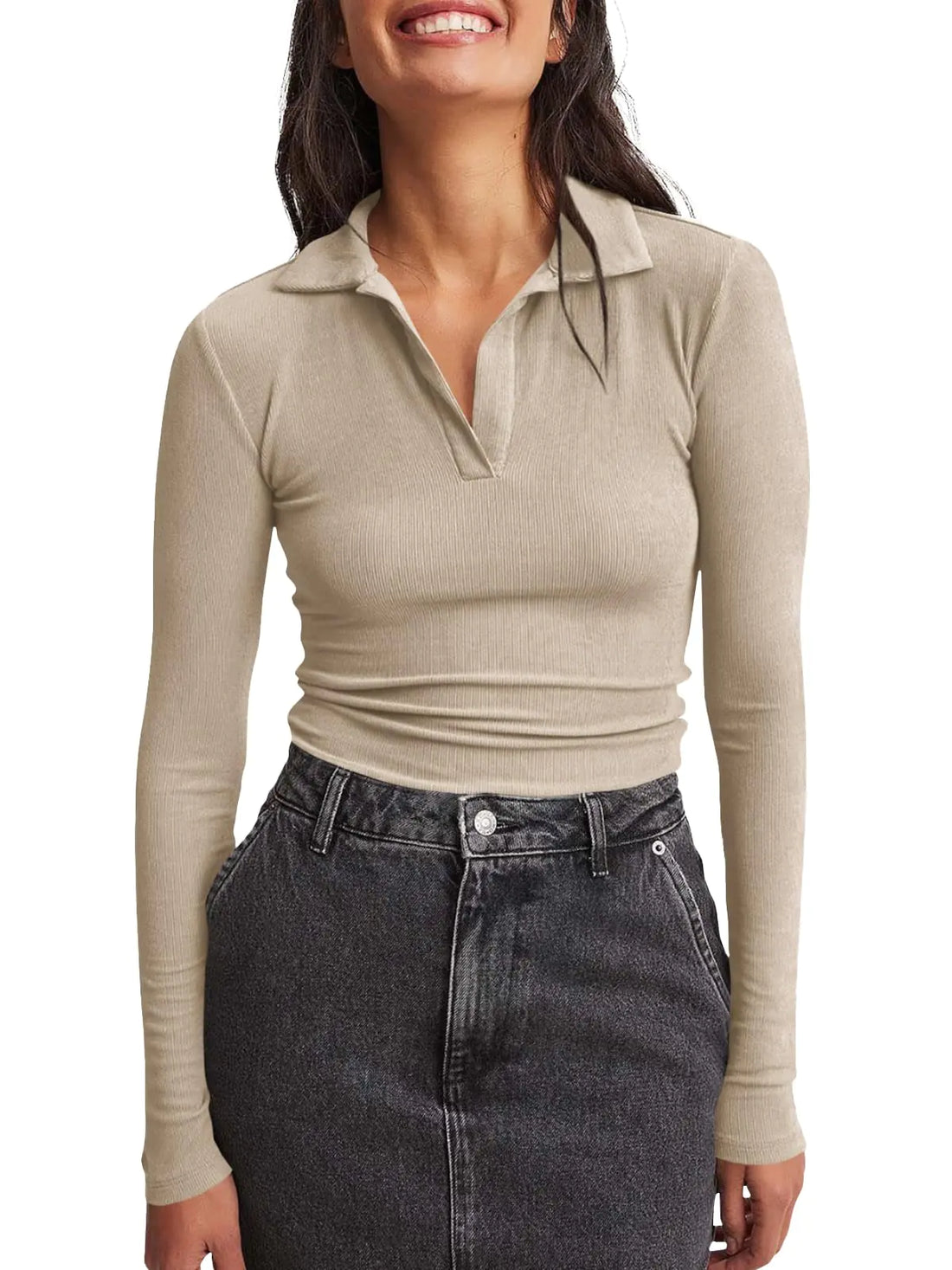 Tankaneo Womens Long Sleeve Polo Shirts V Neck Collared Work Shirt Slim Fit Ribbed Knit Basic Going Out Fall Tops Khaki